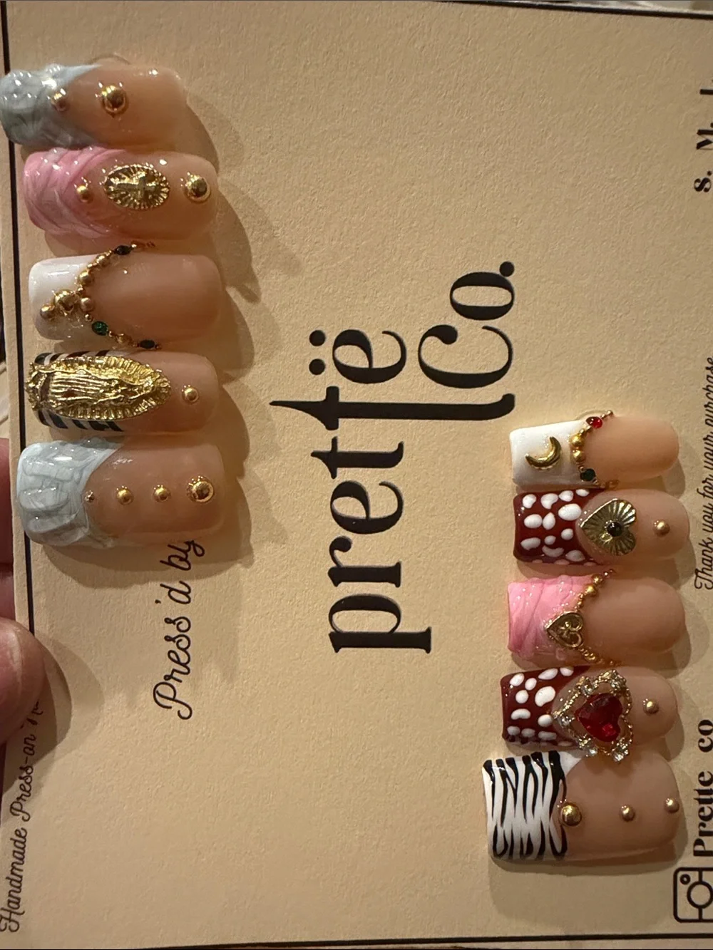 Handmade acrylic Press-On Nail Set — Pink, White, Beige, Red, Gray Accents